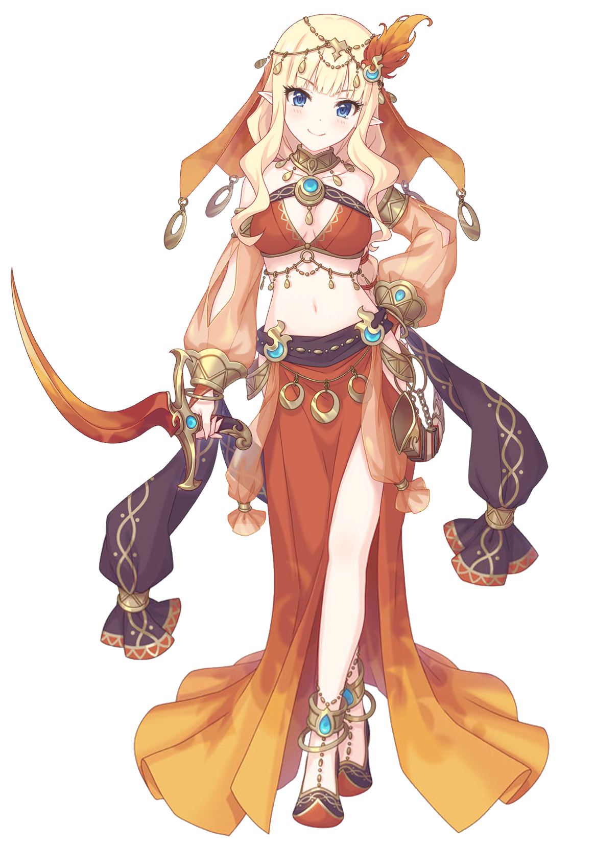 saren (princess connect!), saren (sarasaria) (princess connect!), princess connect!, highres, official art, 1girl, bare shoulders, blonde hair, blue eyes, breasts, collar, collarbone, crossed legs, curly hair, fire ornament, hair ornament, hand on own hip, harem outfit, holding, holding sword, holding weapon, light smile, long hair, looking at viewer, medium breasts, navel, pointy ears, shotel, sword, tachi-e, thighs, transparent background, weapon