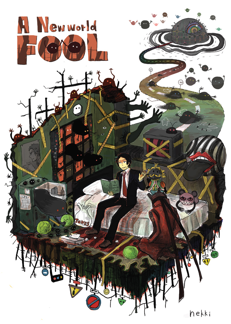 nekki1224, adachi tooru, ameno sagiri (persona), doujima ryoutarou, magatsu izanagi, atlus, persona, persona 4, 1boy, bag, bed, book, cabbage, faux figurine, monster, shopping bag