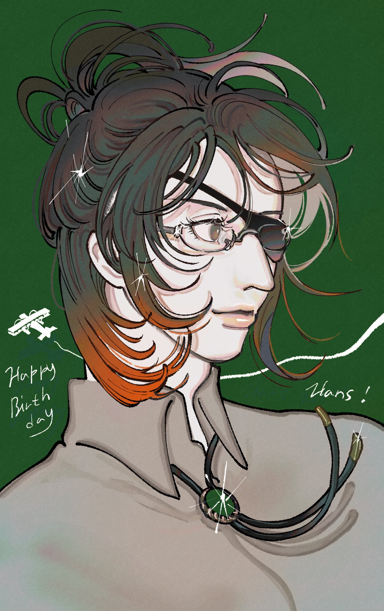 hange zoe, shingeki no kyojin, highres, 1other, aircraft, airplane, biplane, bolo tie, brown eyes, brown hair, character name, closed mouth, collared shirt, eyepatch, gem, glasses, good gdmr, green background, green gemstone, grey shirt, half updo, happy birthday, light smile, looking to the side, messy hair, ponytail, portrait, shirt, updo, upper body