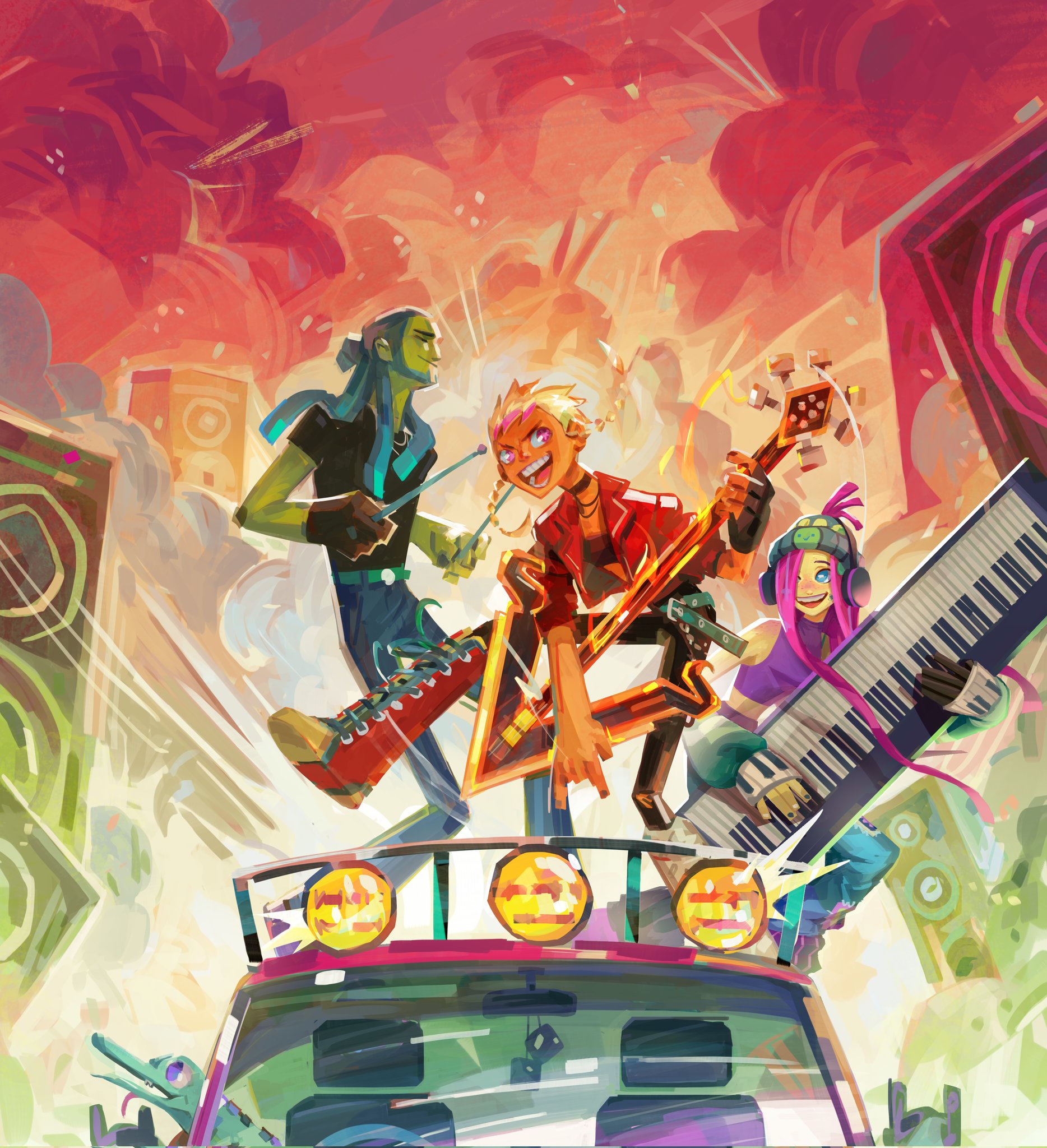 mayday (no straight roads), zuke (no straight roads), no straight roads, artist request, commentary, english commentary, highres, official art, 1boy, 2girls, :d, beanie, belt, black gloves, black nails, black shirt, blonde hair, blue eyes, blue pants, boots, breasts, car, casey (no straight roads), choker, closed eyes, crocodile, crocodilian, denim, drumsticks, electric guitar, explosion, fingerless gloves, fuzzy dice, gloves, green belt, green hat, guitar, hat, holding, holding drumsticks, instrument, jacket, jeans, keyboard (instrument), lace-up boots, leg up, long hair, motor vehicle, multicolored hair, multicolored nails, multicolored shoes, multiple girls, no straight roads 2, open mouth, pants, pink eyes, pink hair, purple tank top, red jacket, red shoes, ribbon choker, shirt, shoes, single glove, small breasts, smile, smoke, speaker, tank top, twintails, two-tone hair, two-tone shoes, upper body, white nails, white shoes