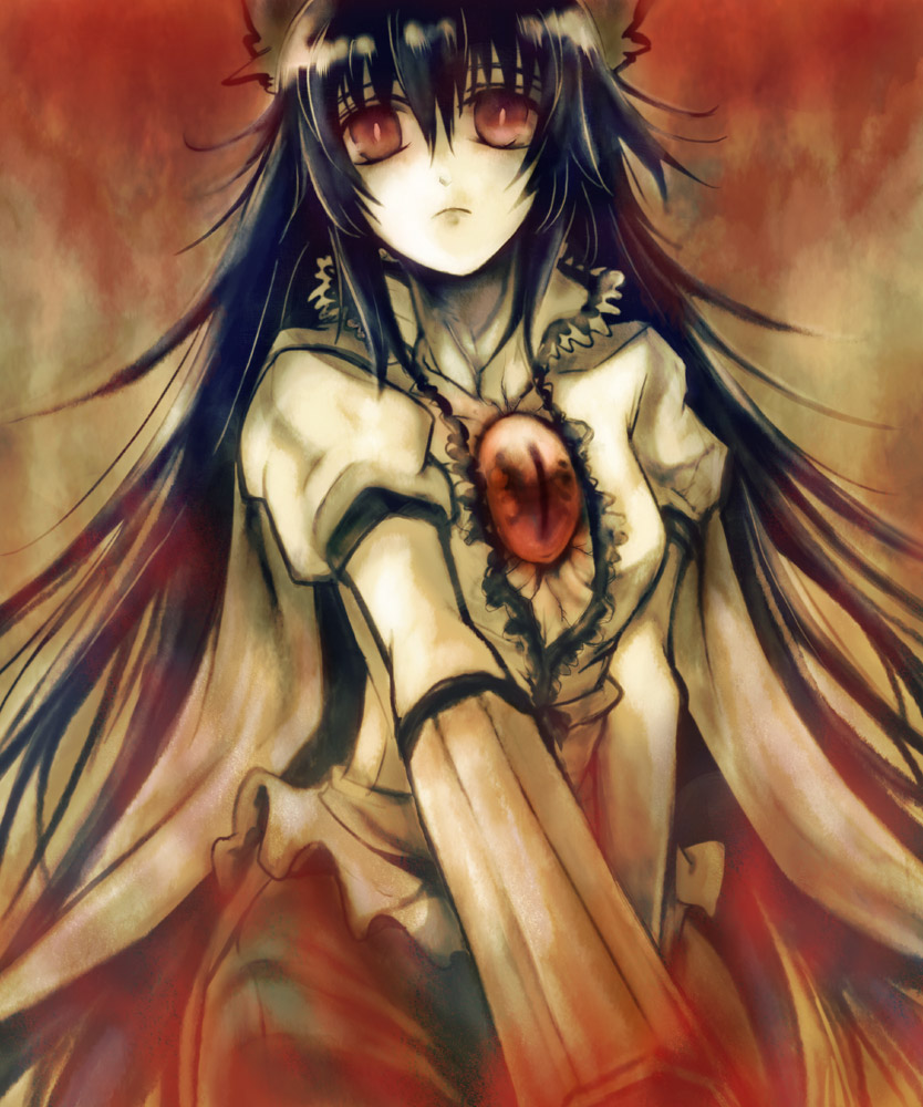 taki tarou, takitarou, reiuji utsuho, touhou, bad id, bad pixiv id, 1girl, brown hair, female focus, gradient background, hair ribbon, long hair, red eyes, ribbon, skirt, solo