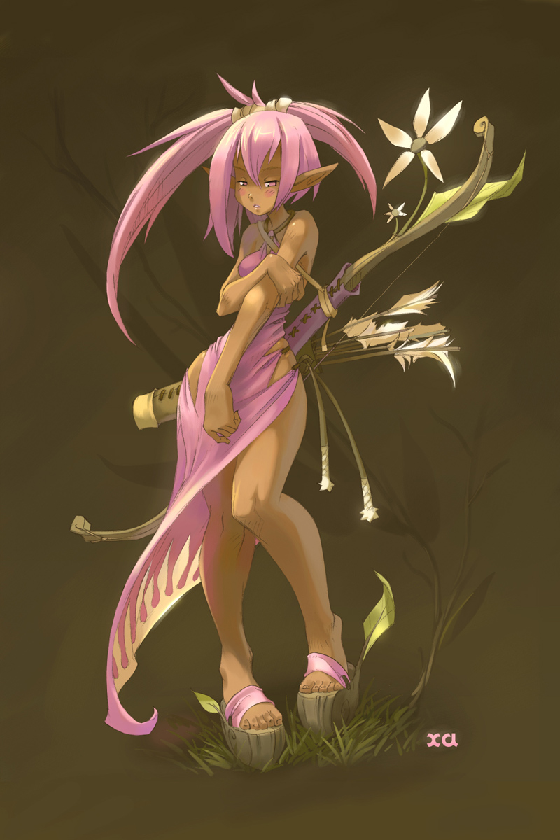 xaxaxa, cra (wakfu), wakfu, highres, 1girl, blush, bow (weapon), clogs, dark-skinned female, dark skin, dress, elf, feet, female focus, flower, grass, hair tie, hip focus, legs, looking at viewer, narrow waist, nature, no panties, parted lips, pink hair, platform clogs, pointy ears, revealing clothes, sandals, solo, tan, toes, weapon, wide hips