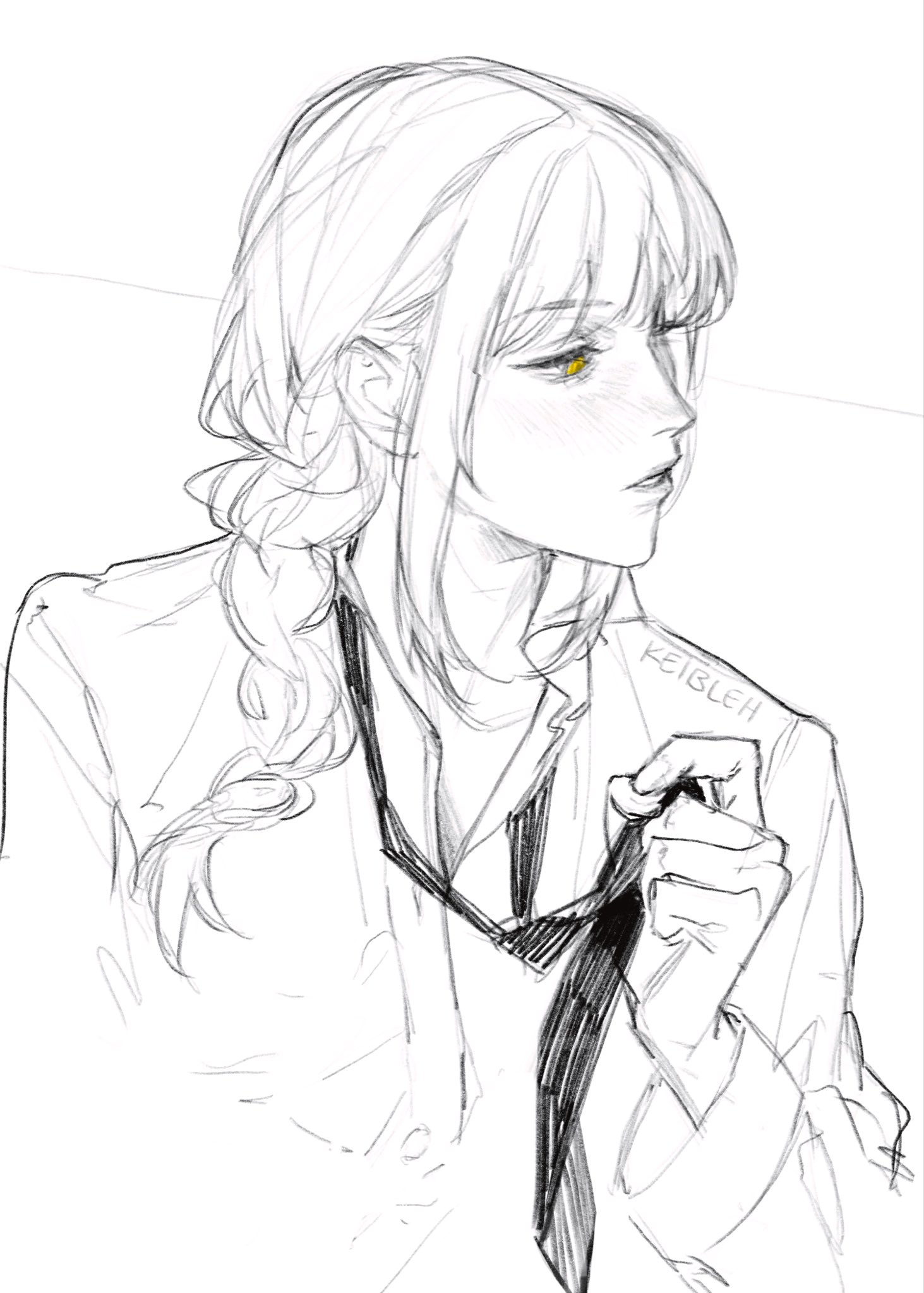 keibleh, makima (chainsaw man), chainsaw man, highres, 1girl, collared shirt, greyscale, monochrome, necktie, shirt, solo, spot color, yellow eyes