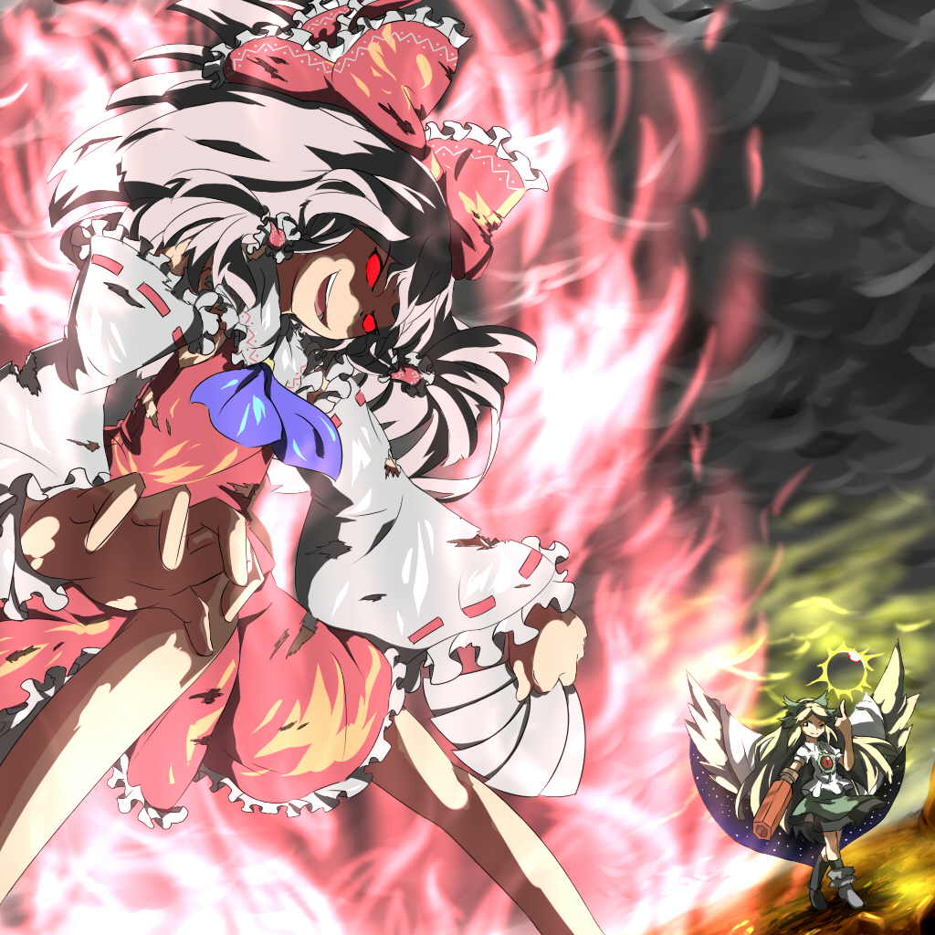 mako (pixiv), hakurei reimu, reiuji utsuho, subterranean animism, touhou, 2girls, arm cannon, aura, detached sleeves, female focus, glowing, glowing eyes, japanese clothes, miko, multiple girls, ofuda, outdoors, power-up, red eyes, skirt, sky, weapon