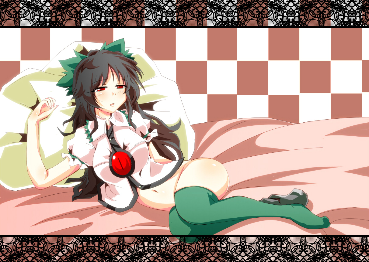 kuze, reiuji utsuho, touhou, 1girl, ass, bottomless, breasts, brown hair, female focus, full body, lying, navel, socks, solo, thighhighs