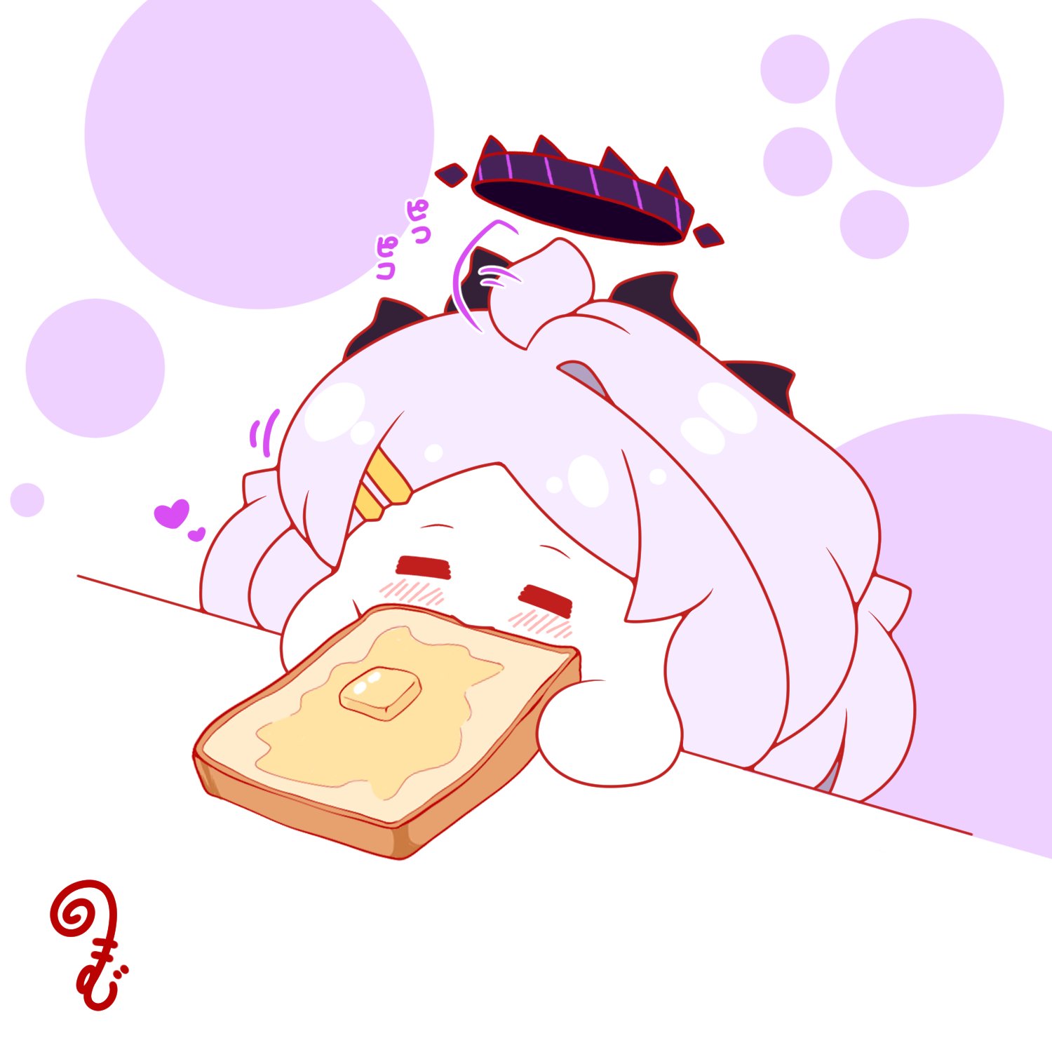 kurukurumagical, hina (blue archive), blue archive, commentary request, highres, afterimage, ahoge, ahoge wag, blush, bread, bread slice, butter, closed eyes, eating, expressive hair, facing viewer, food, grey hair, hair ornament, hairclip, halo, heart, holding, holding food, motion lines, parted bangs, single hair intake, solo, toast, upper body, white background