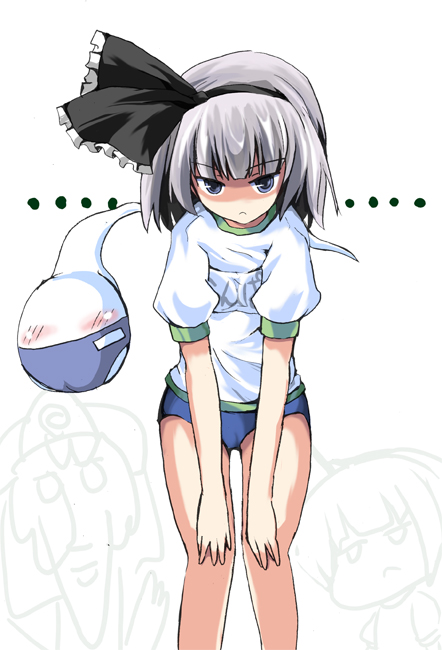 fa no hito, konpaku youmu, konpaku youmu (ghost), touhou, silver hair, 1girl, alternate costume, blue eyes, buruma, female focus, ghost, gym uniform, hairband, hitodama, short hair, solo