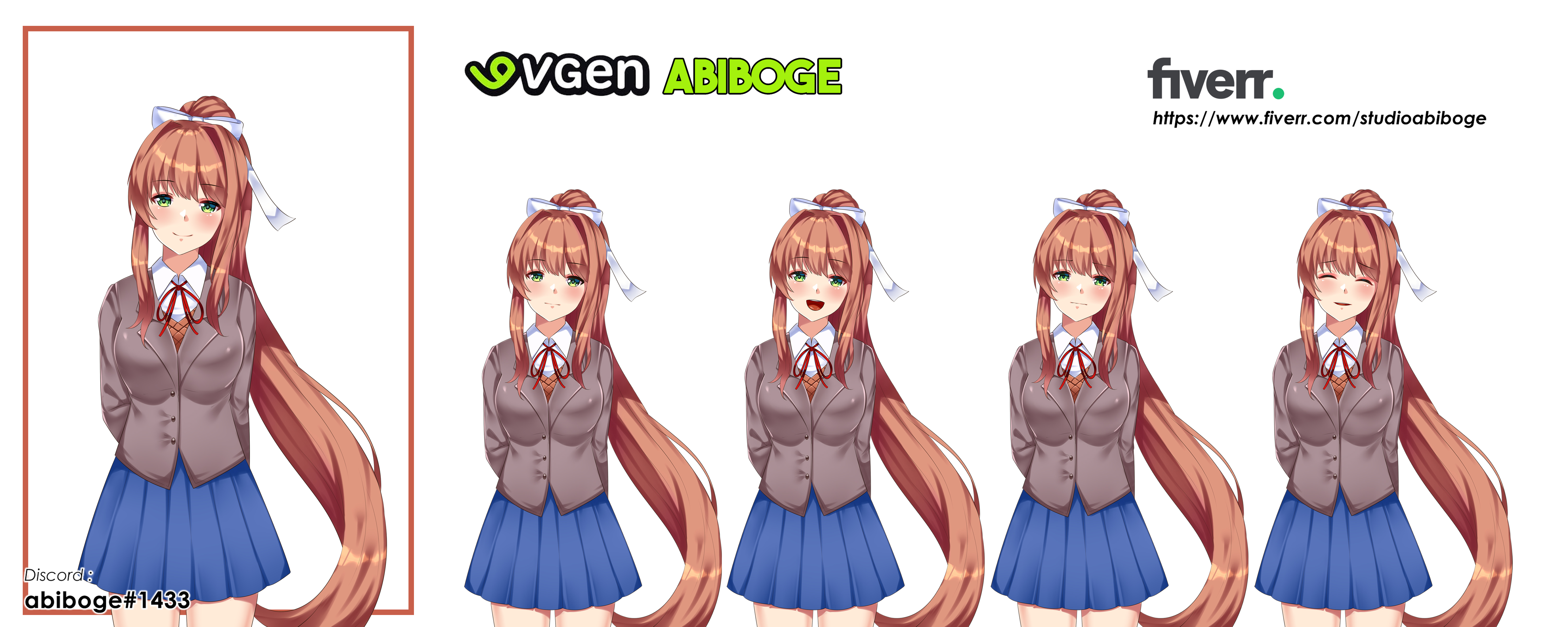 abiboge, monika (doki doki literature club), doki doki literature club, absurdres, commentary, english commentary, highres, 1girl, arms behind back, blue skirt, bow, breasts, brown hair, brown jacket, closed eyes, green eyes, hair bow, hair intakes, jacket, large breasts, long hair, miniskirt, multiple expressions, open mouth, pleated skirt, ponytail, skirt, smile, very long hair