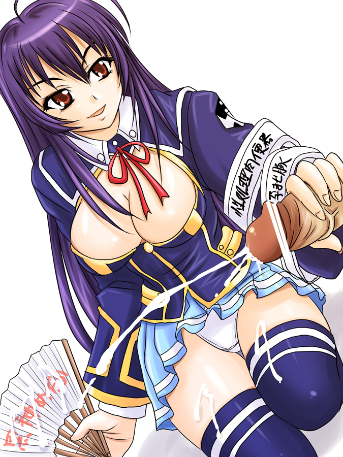 nozarashi satoru, kurokami medaka, medaka box, translation request, 1girl, armband, breasts, brown eyes, censored, cleavage, cum, cum on body, cum on lower body, ejaculation, hand fan, handjob, large breasts, panties, pantyshot, penis, purple hair, school uniform, skirt, solo focus, thighhighs, underwear, zettai ryouiki