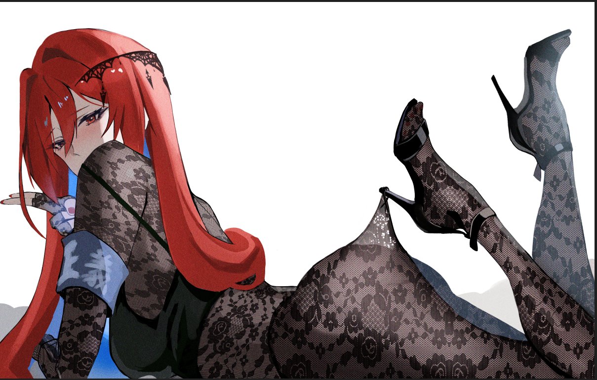 yato (yama0x1), elizabeth rose bloodflame, hololive, hololive english, 1girl, ass, black camisole, blue hair, bodystocking, breasts, camisole, colored inner hair, lace bodysuit, lace pantyhose hooked on heel (meme), large breasts, long hair, looking at viewer, meme, multicolored hair, red eyes, red hair, red nails, simple background, solo, virtual youtuber, white background