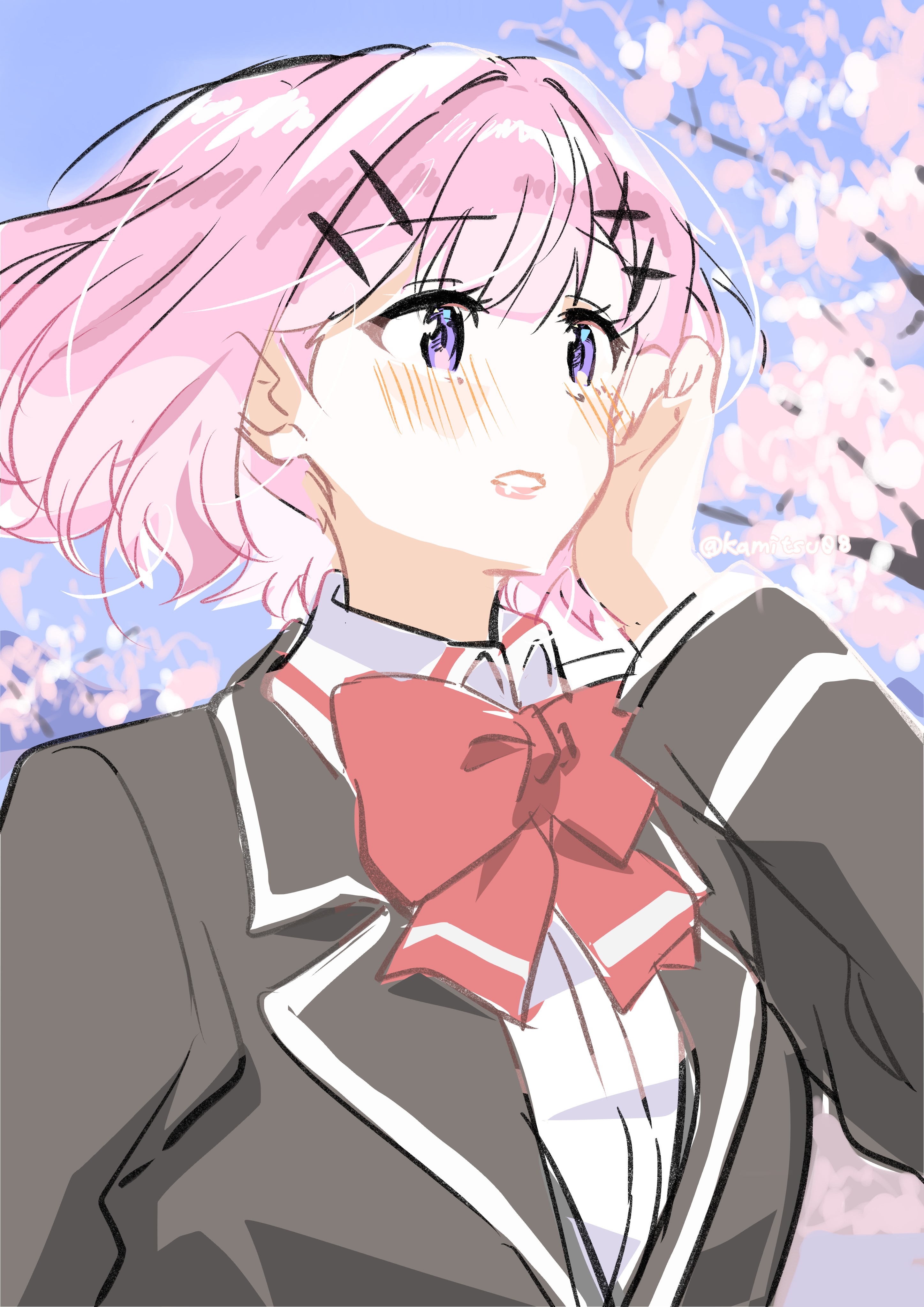 amaori renako, watashi ga koibito ni nareru wake naijan murimuri!, absurdres, commentary request, highres, 1girl, black jacket, blazer, blush, bow, bowtie, cherry blossoms, collared shirt, eishin29, flower, hand on own face, jacket, medium hair, outdoors, parted lips, pink flower, pink hair, purple eyes, red bow, red bowtie, school uniform, shirt, solo, upper body, white shirt