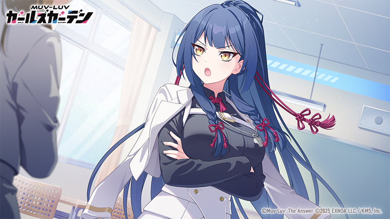 yon44141, muv-luv, muv-luv girls garden, official art, 2girls, black shirt, blue hair, chalkboard, classroom, copyright logo, copyright name, copyright notice, crossed arms, curtains, hair ribbon, high ponytail, ikoma aoi (muv-luv), indoors, jacket, jacket on shoulders, logo, long hair, multiple girls, open mouth, ponytail, red ribbon, ribbon, shirt, skirt, white jacket, white skirt, window, yellow eyes