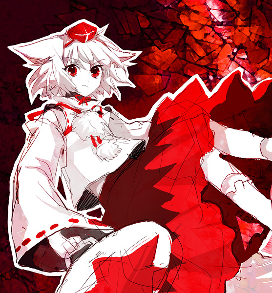 neda, inubashiri momiji, touhou, silver hair, bad id, bad pixiv id, 1girl, animal ears, detached sleeves, female focus, hat, red eyes, shield, short hair, solo, tokin hat, wolf ears