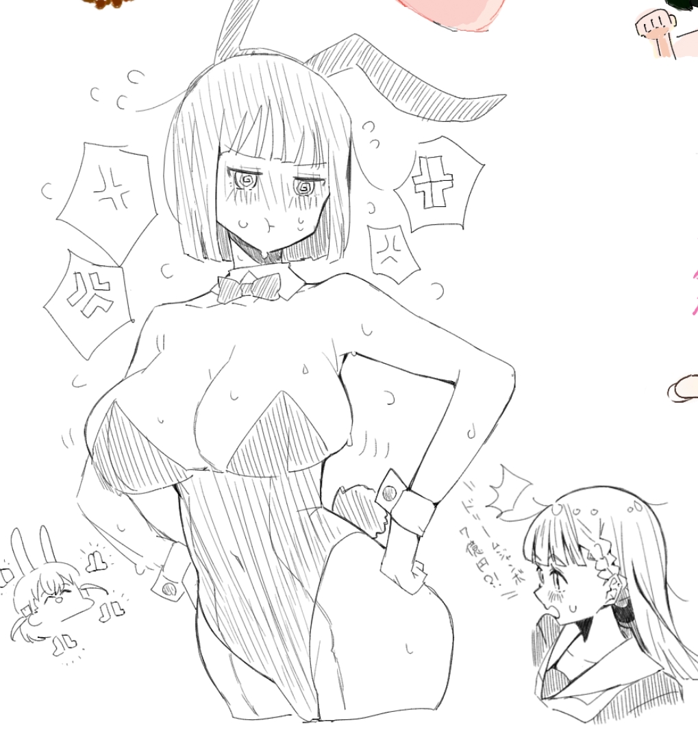 yaa-kun, hinoshita kaho, kachimachi kosuzu, momose ginko, link! like! love live!, love live!, commentary request, 3girls, anger vein, animal ears, bare shoulders, blunt bangs, blunt ends, bob cut, braid, breasts, center-flap bangs, chibi, chibi inset, clapping, cleavage, collarbone, covered navel, greyscale, hasu no sora school uniform, hatching (texture), highleg, highleg leotard, kemonomimi mode, large breasts, leotard, linear hatching, monochrome, multiple girls, neckerchief, open mouth, paint chat (medium), playboy bunny, profile, rabbit ears, sailor collar, school uniform, short hair, side braids, simple background, solo focus, spoken anger vein, strapless, strapless leotard, sweat, sweatdrop, virtual youtuber, white background, winter uniform, wrist cuffs