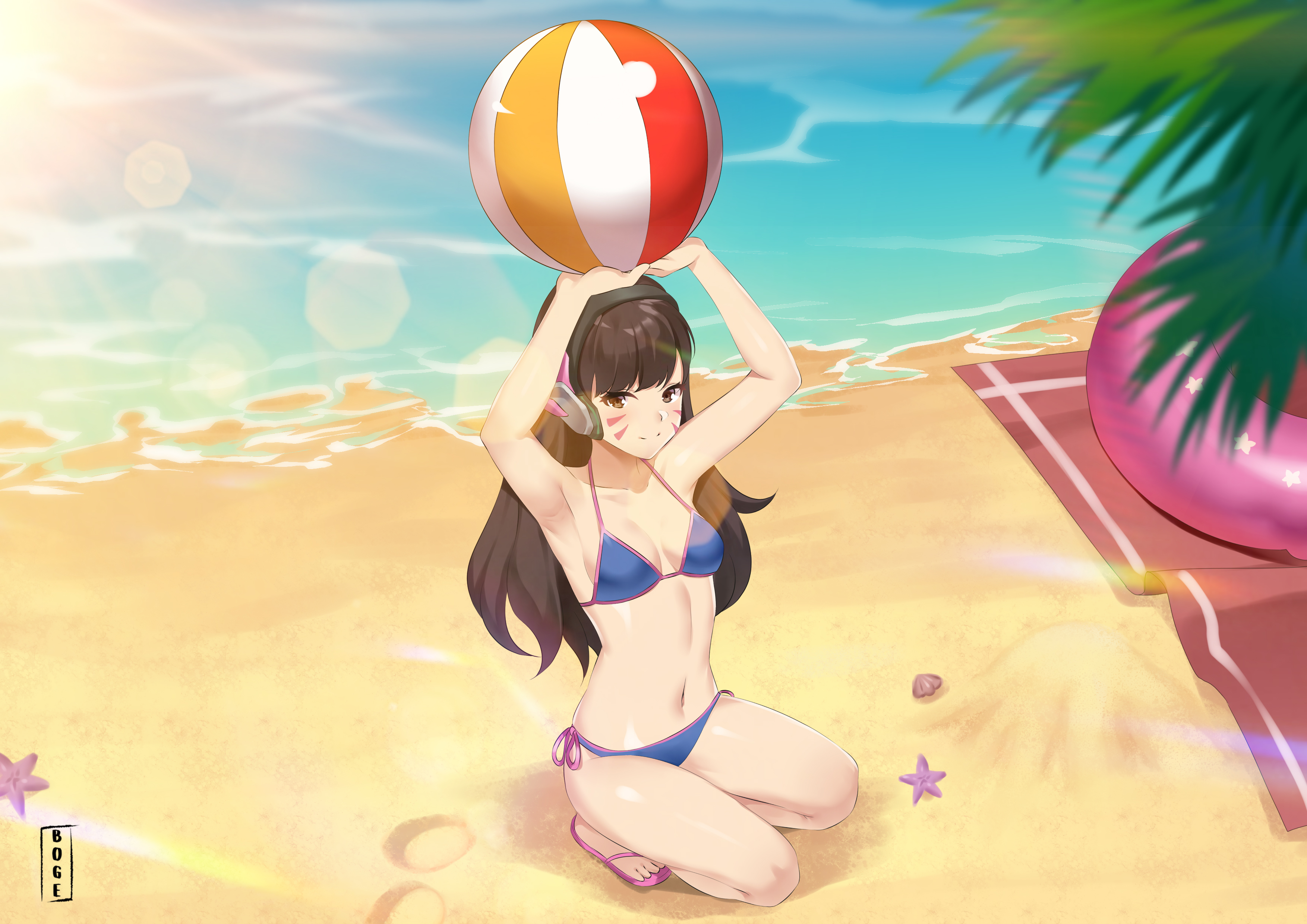 abiboge, d.va (overwatch), overwatch, absurdres, commentary, english commentary, highres, 1girl, ball, beachball, bikini, blue bikini, breasts, brown eyes, brown hair, facial mark, flip-flops, full body, headphones, holding, holding ball, holding beachball, lens flare, long hair, medium breasts, ocean, sandals, side-tie bikini bottom, signature, solo, starfish, swimsuit, whisker markings