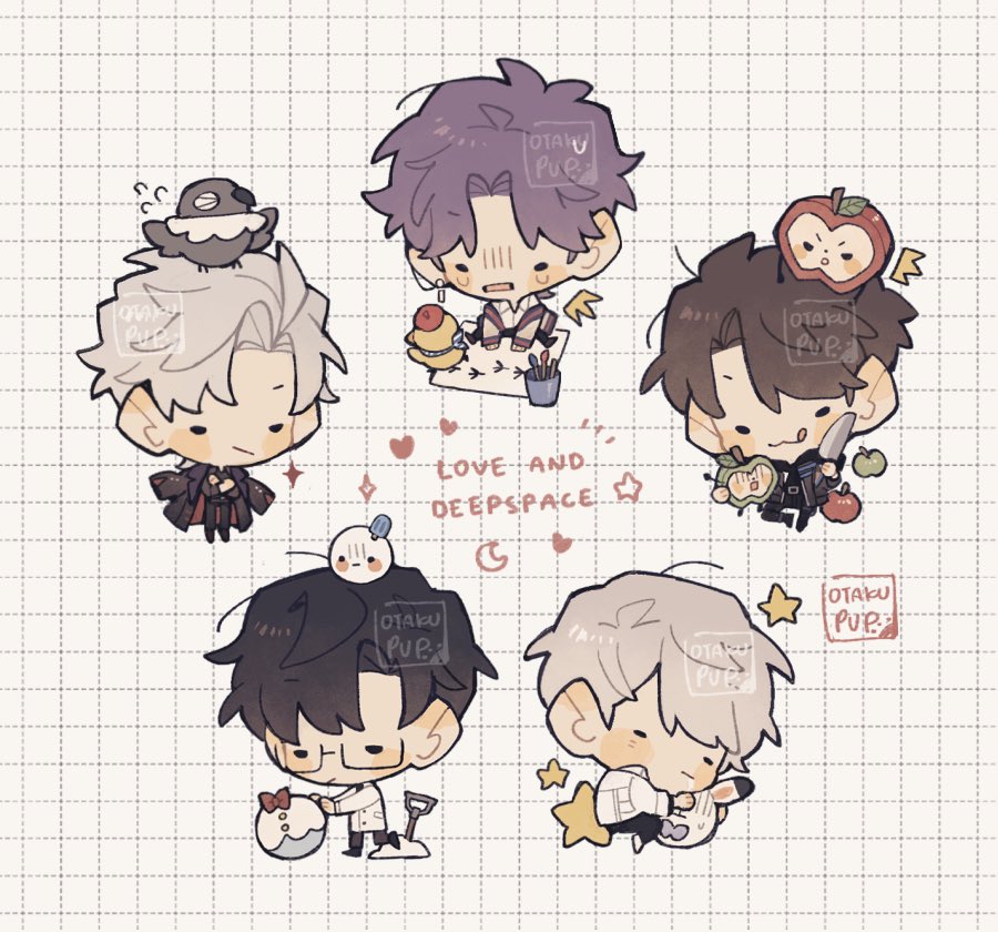 otakupup, caleb (love and deepspace), rafayel (love and deepspace), sylus (love and deepspace), xavier (love and deepspace), zayne (love and deepspace), love and deepspace, 5boys, animal, animal on head, apple, artist name, beret, bird, bird on head, black coat, black hair, black pantyhose, black shoes, brown hair, cardigan, chibi, chibi only, coat, coat on shoulders, copyright name, crossed arms, earrings, food, fruit, glasses, grey hair, grid background, hat, holding, holding food, holding fruit, holding knife, jacket, jewelry, knife, lab coat, long coat, male focus, mephisto (love and deepspace), multiple boys, on head, open mouth, pantyhose, parted bangs, purple hair, red hat, shaded face, shoes, shovel, single earring, snowman, stuffed animal, stuffed rabbit, stuffed toy, sweatdrop, tongue, tongue out, white jacket