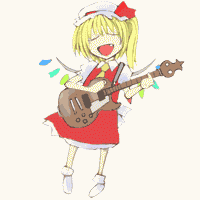 cervus, flandre scarlet, touhou, animated, animated gif, lowres, blonde hair, electric guitar, fang, female focus, gibson les paul, guitar, hat, instrument, ponytail, solo, vampire, wings