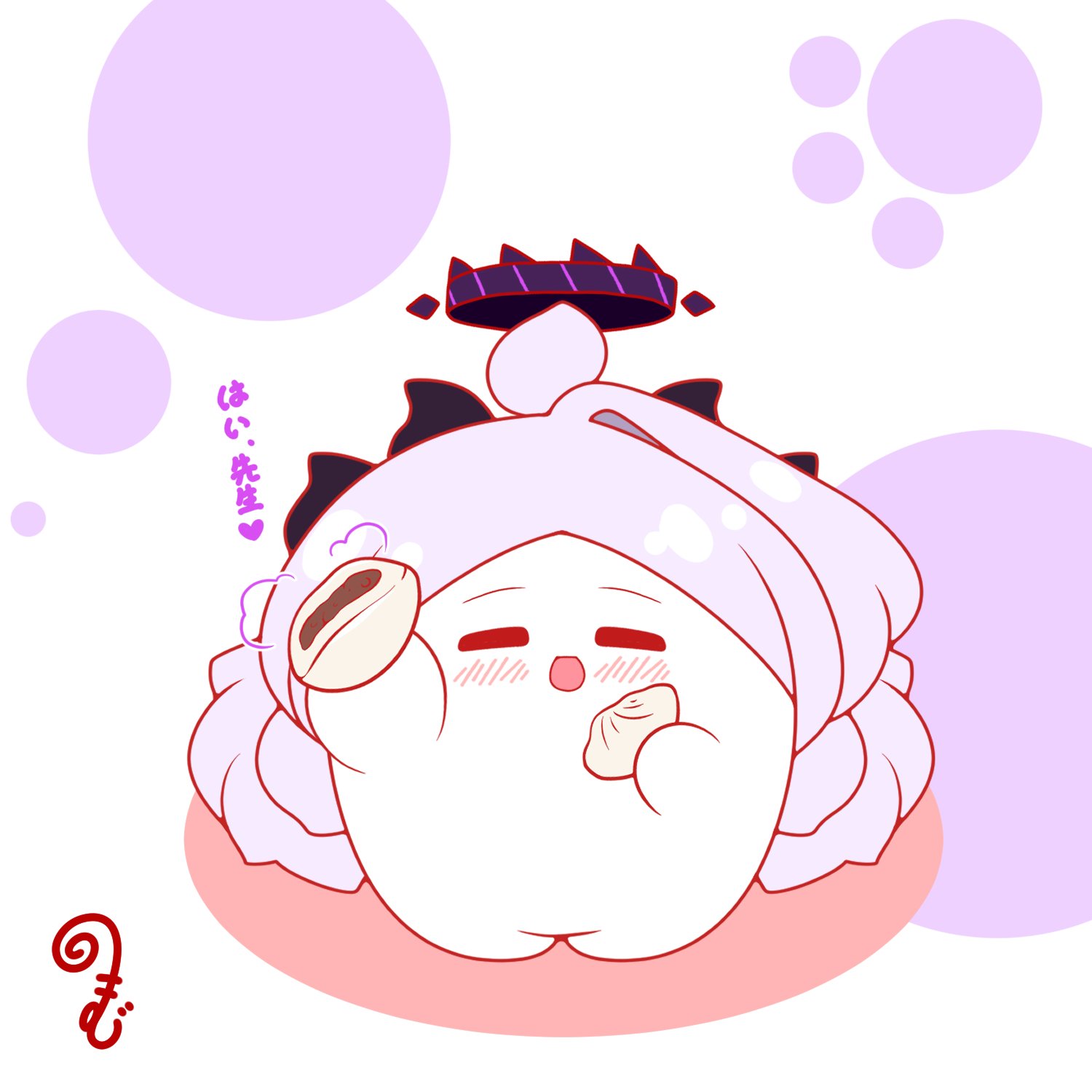 kurukurumagical, hina (blue archive), blue archive, commentary request, highres, translation request, :d, ahoge, blush, closed eyes, colored shadow, facing viewer, food, from above, full body, grey hair, halo, holding, holding food, horns, long hair, open mouth, parted bangs, shadow, sharing food, single hair intake, smile, solo, standing, steamed bun, very long hair, white background