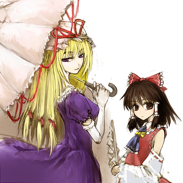 cervus, hakurei reimu, yakumo yukari, touhou, 2girls, blonde hair, brown eyes, brown hair, detached sleeves, elbow gloves, female focus, gloves, hair ribbon, hat, japanese clothes, long hair, miko, multiple girls, parasol, purple eyes, ribbon, umbrella