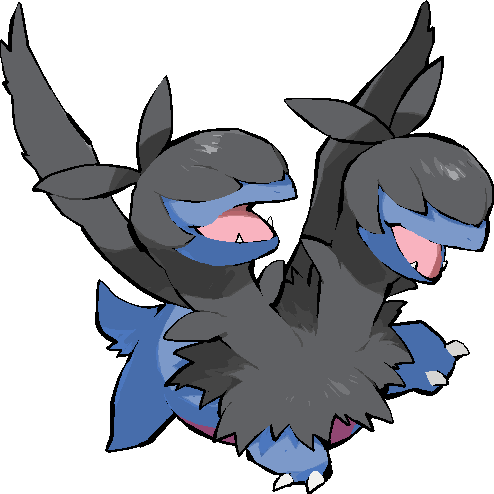 kawaanago, zweilous, nintendo, pokemon, commentary request, lowres, animal focus, claws, fangs, full body, gen 5 pokemon, hair over eyes, multiple heads, no humans, open mouth, pokemon (creature), pokemon focus, solo, transparent background, wings