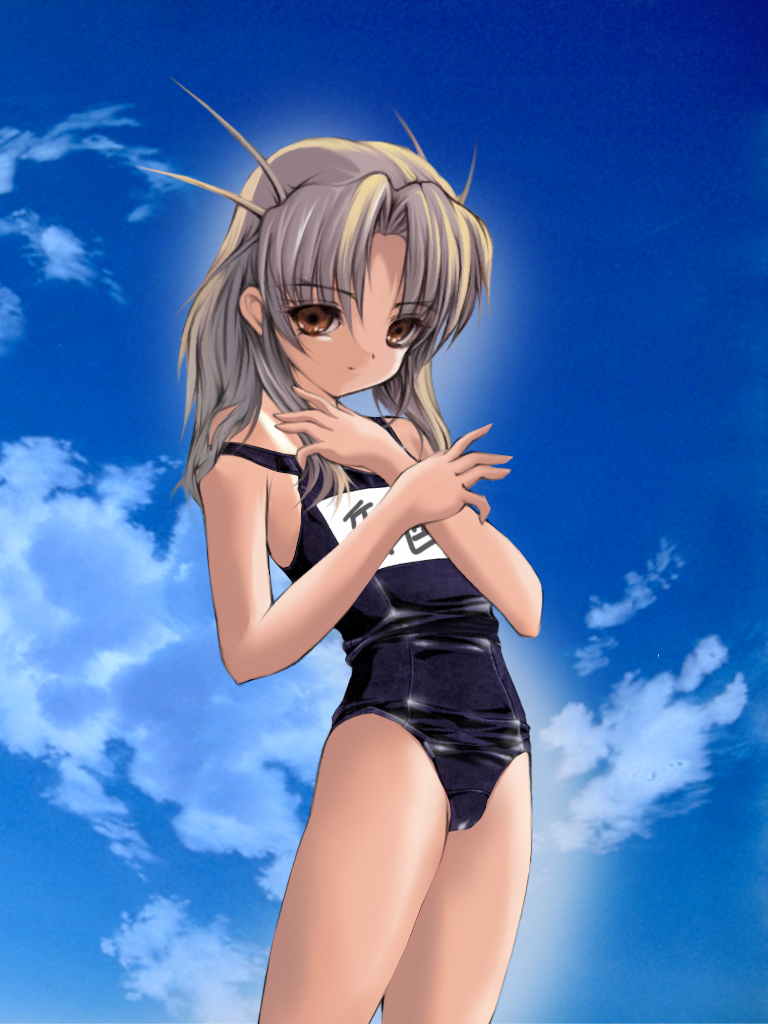 onigirikun, takega satsu, dai (series), daiakuji, silver hair, 1girl, black one-piece swimsuit, brown eyes, cloud, day, female focus, flat chest, name tag, one-piece swimsuit, one-piece tan, orange eyes, school swimsuit, sky, solo, strap slip, swimsuit, tan, tanline