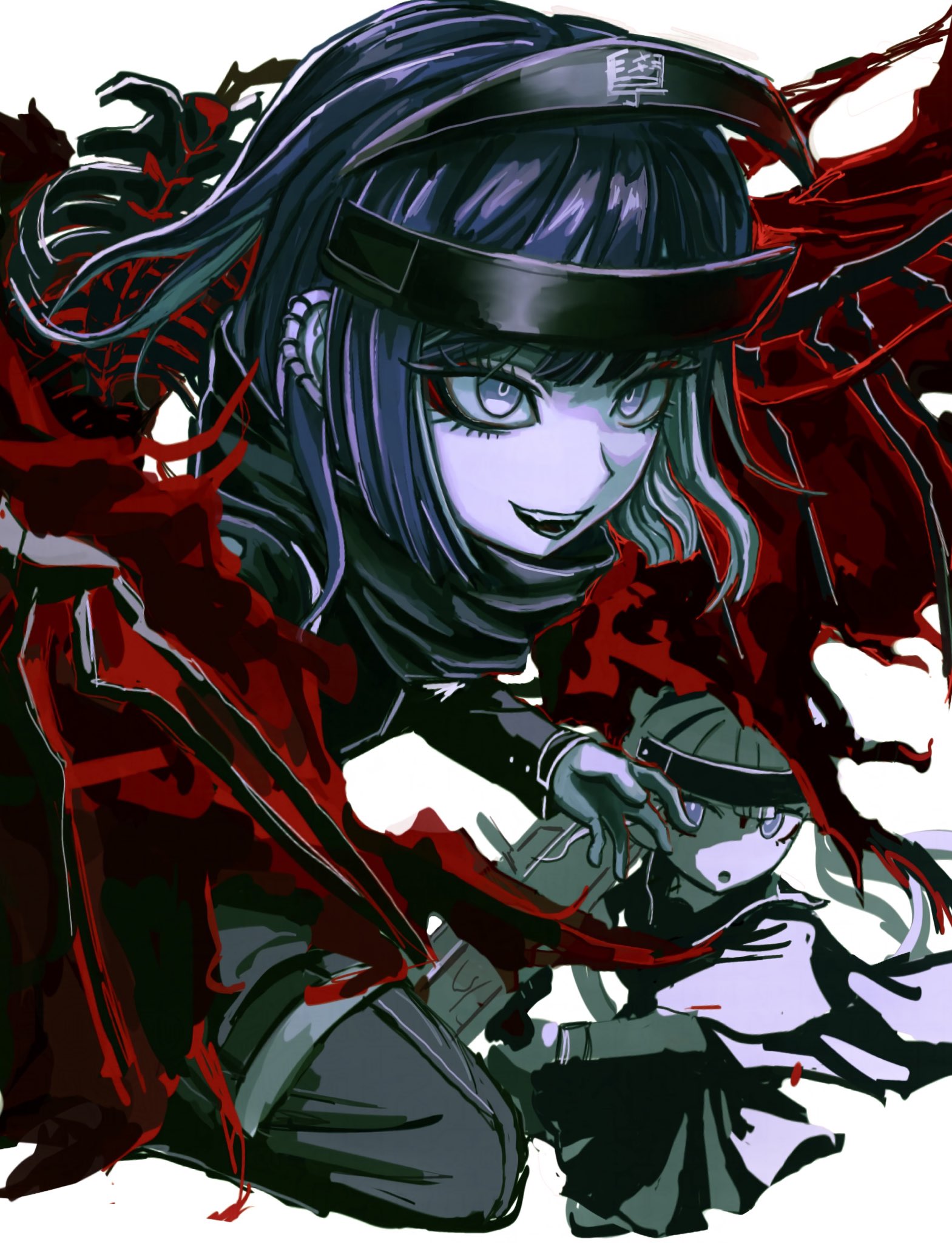 tsukumo ima, tsukumo kako, the hundred line -last defense academy-, highres, 0sfksqa0zc18805, 1boy, 1girl, brother and sister, demon wings, ear piercing, eyeshadow, last defense academy school uniform, makeup, medium hair, multicolored hair, piercing, purple hair, red eyeshadow, school uniform, siblings, straight hair, streaked hair, white background, wings