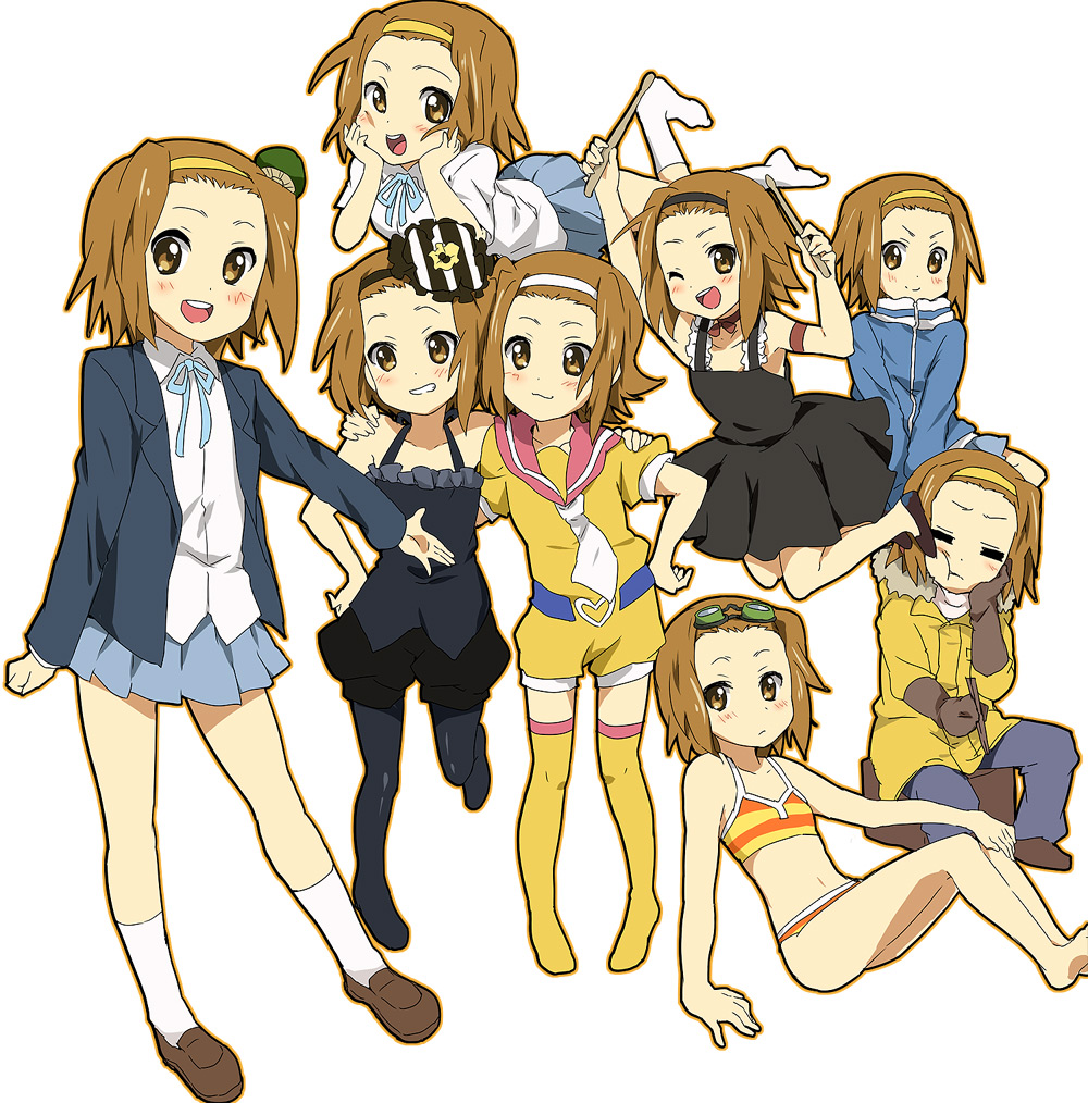maruki (punchiki), tainaka ritsu, don't say "lazy", fuwafuwa time, k-on!, bad id, bad pixiv id, 00s, 1girl, barefoot, bikini, blazer, boots, brown eyes, brown hair, coat, dress, drumsticks, female focus, hairband, jacket, mod fashion, multiple expressions, multiple views, mushroom, pantyhose, sailor collar, school uniform, smile, socks, striped bikini, striped clothes, swimsuit, thigh boots, thighhighs, tomboy, white background, white socks, winter clothes