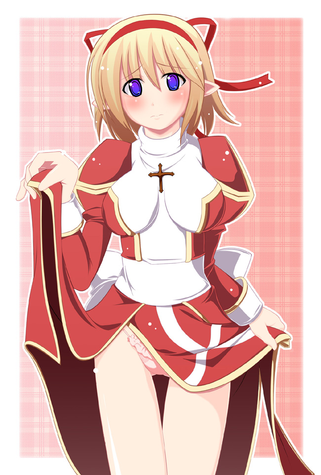high priest (ragnarok online), ragnarok online, commentary request, 1girl, back bow, blonde hair, blush, bow, breasts, closed mouth, clothes lift, cowboy shot, dress, dress lift, embarrassed, flashing, gluteal fold, hair ribbon, hairband, hazama shin, impossible clothes, impossible dress, juliet sleeves, lifting own clothes, long sleeves, looking at viewer, medium breasts, panties, pink background, pink panties, plaid background, pointy ears, puffy sleeves, purple eyes, raised inner eyebrows, red dress, red hairband, red ribbon, ribbon, sash, short hair, solo, two-tone dress, underwear, white background, white bow, white dress, white sash