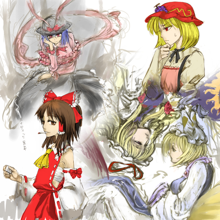 cervus, aki minoriko, hakurei reimu, nagae iku, yakumo ran, yakumo yukari, touhou, 5girls, animal hat, blonde hair, brown eyes, brown hair, cigarette, detached sleeves, female focus, food, fruit, grapes, hair ribbon, hat, hat ribbon, japanese clothes, lighter, long hair, long sleeves, miko, mob cap, multiple girls, purple hair, red eyes, ribbon, sarashi, short hair, smoking, tassel, white background, wide sleeves