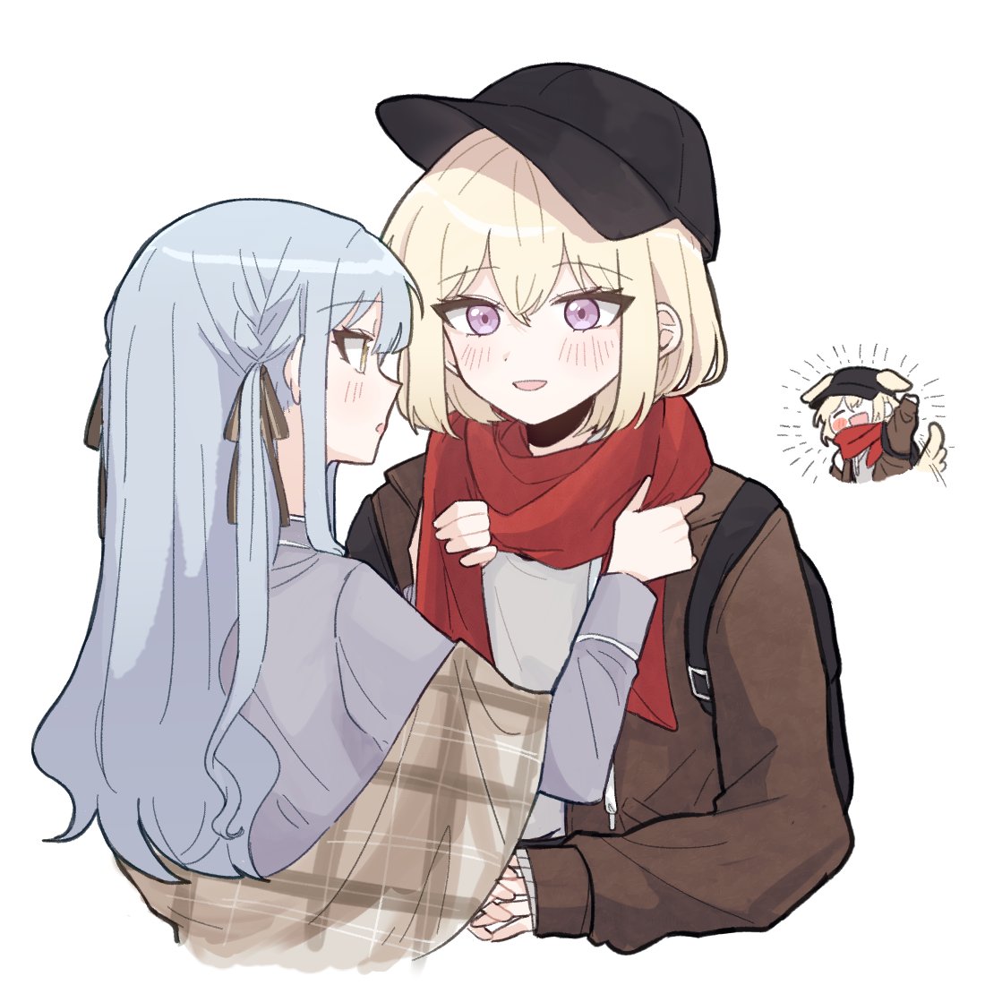 at 09098, misumi uika, togawa sakiko, bang dream!, bang dream! it's mygo!!!!!, commentary, 2girls, adjusting another's clothes, animal ears, backpack, bag, baseball cap, black bag, black hat, black ribbon, blonde hair, blue hair, blush, brown jacket, brown scarf, dog ears, dog girl, dog tail, ears through headwear, enpera, grey jacket, grey sweater, hair between eyes, hair ribbon, haneoka school uniform, hat, jacket, long hair, multiple girls, open clothes, open jacket, open mouth, red scarf, ribbon, scarf, school uniform, short hair, sidelocks, simple background, sleeves past wrists, sweater, tail, white background, yellow eyes