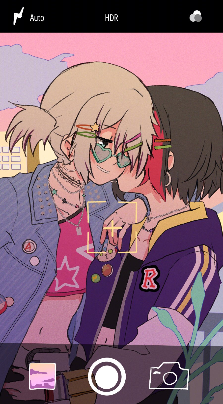 brochan, aoba moca, mitake ran, bang dream!, commentary, english commentary, highres, 2girls, black hair, black shirt, blue eyes, blue jacket, crop top, fake phone screenshot, fake screenshot, grey hair, hand on another's waist, heart, heart-shaped eyewear, jacket, kiss, kissing cheek, midriff, multiple girls, multiple necklaces, navel, parted lips, pink shirt, pink sky, purple jacket, red streaks, shirt, sky, smile, sunglasses, twintails, yuri