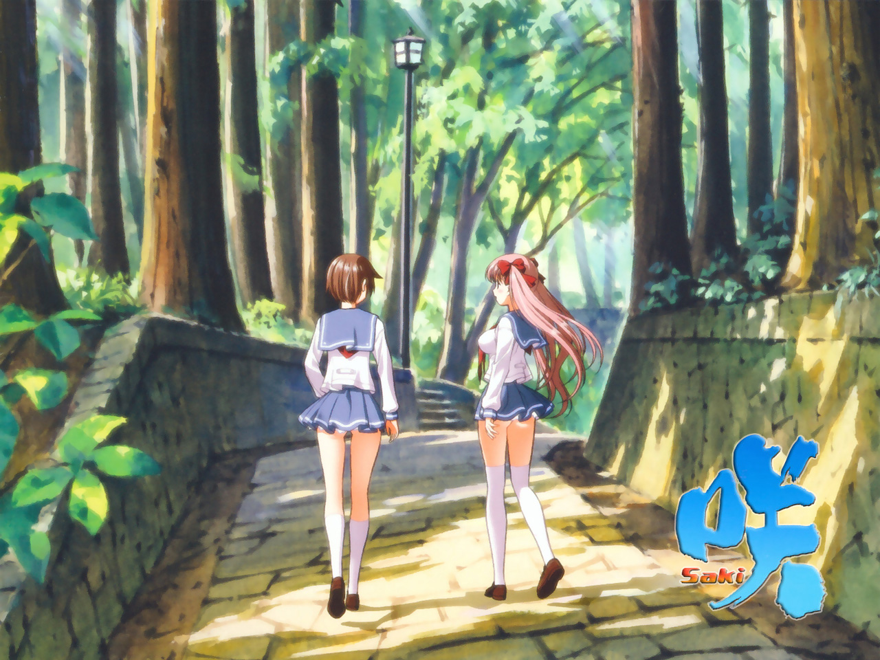 kobayashi ritz, haramura nodoka, miyanaga saki, saki (manga), white legwear, 00s, 2girls, back, bow, copyright name, dappled sunlight, day, female focus, hair bow, kneehighs, long hair, miniskirt, multiple girls, no panties, outdoors, pavement, school uniform, serafuku, short hair, skirt, socks, standing, sunlight, thighhighs, tree