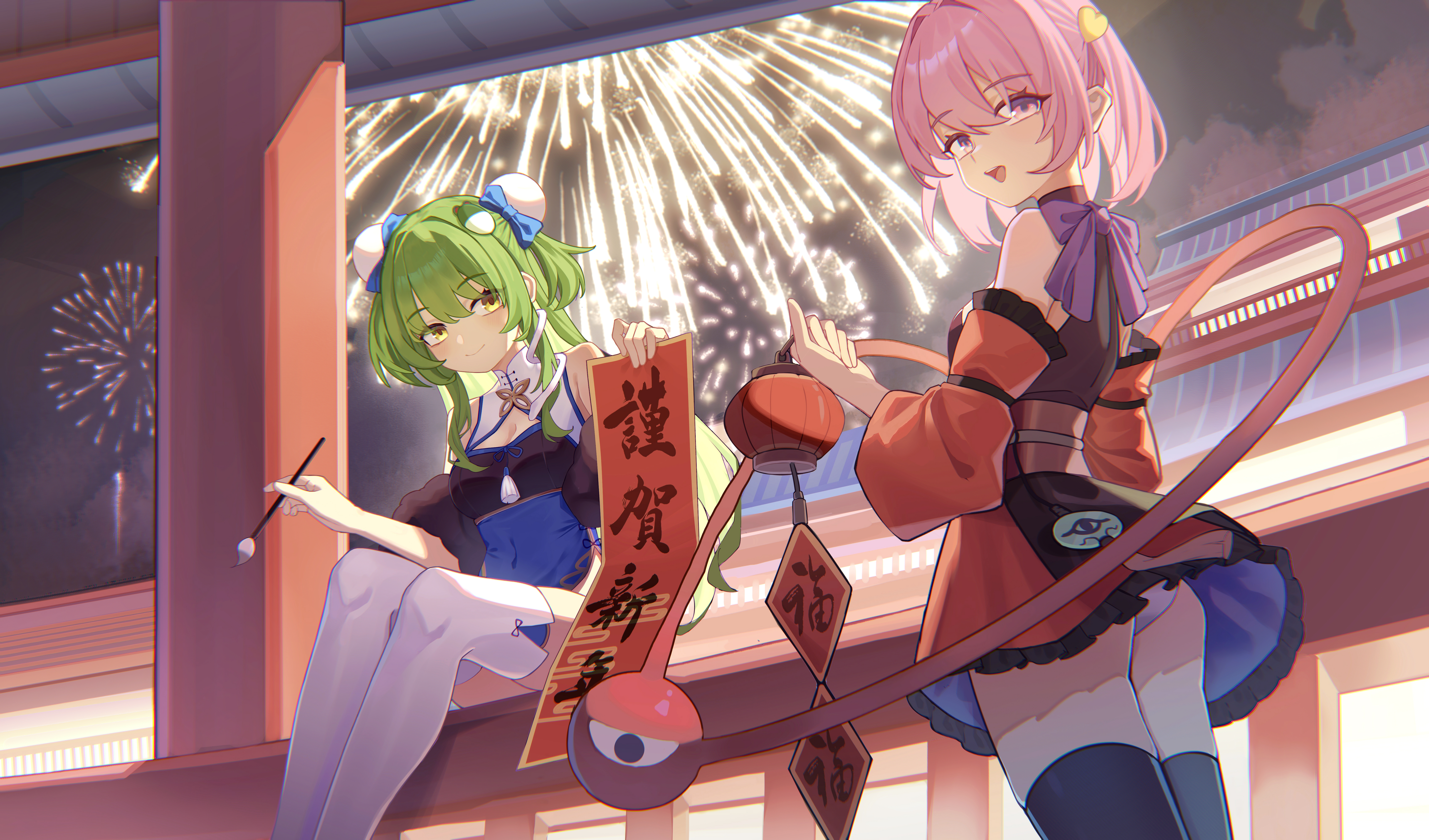 heituyongzhe, kochiya sanae, komeiji satori, touhou, absurdres, chinese commentary, commentary request, highres, 2girls, aerial fireworks, alternate costume, architecture, ass, bare shoulders, black socks, blue bow, blue dress, bow, breasts, brown sash, building, calligraphy brush, chinese new year, cleavage, collar, detached sleeves, double bun, dress, east asian architecture, egasumi, feet out of frame, fireworks, frog hair ornament, good fortune symbol, green hair, hair bow, hair bun, hair ornament, heart, heart hair ornament, holding, holding brush, holding sign, lantern, long hair, looking at viewer, looking back, medium breasts, medium hair, multiple girls, night, on railing, open mouth, paintbrush, panties, paper lantern, pink eyes, pink hair, railing, red dress, sidelocks, sign, sitting, smile, snake hair ornament, socks, tassel, teeth, thighs, third eye, underwear, upper teeth only, white collar, white panties, white socks, yellow eyes
