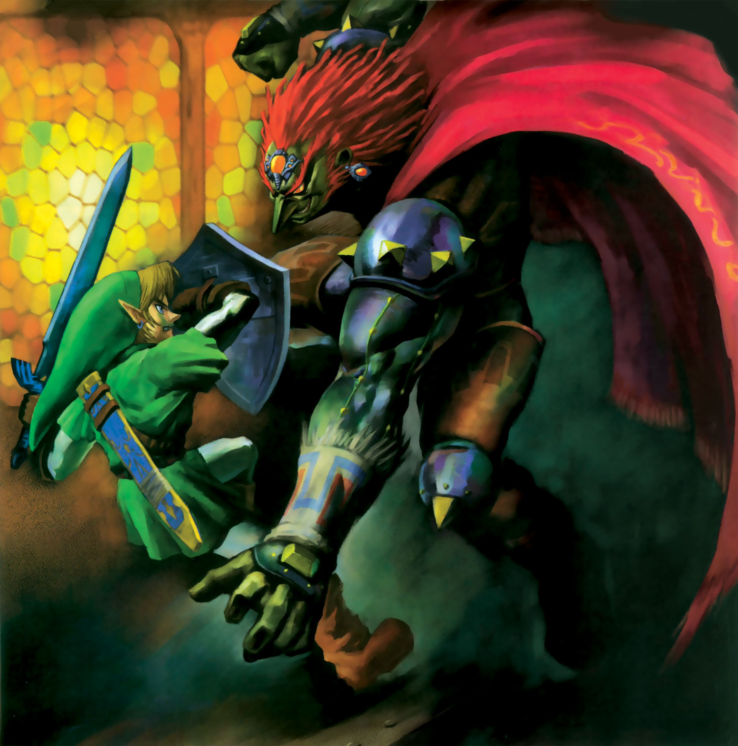 ganondorf, link, nintendo, the legend of zelda, the legend of zelda: ocarina of time, highres, official art, 1boy, battle, blonde hair, blue eyes, cape, dark-skinned male, dark skin, earrings, epic, gloves, holding, holding sword, holding weapon, hylian shield, jewelry, male focus, manly, master sword, red eyes, red hair, shield, solo, standing, sword, weapon