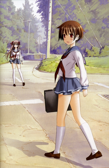 kobayashi ritz, haramura nodoka, miyanaga saki, saki (manga), white legwear, 00s, 2girls, ass, bag, female focus, gluteal fold, holding, kneehighs, loafers, long hair, long sleeves, microskirt, multiple girls, neckerchief, no panties, outdoors, red neckerchief, school uniform, serafuku, shoes, short hair, skirt, socks, thighhighs