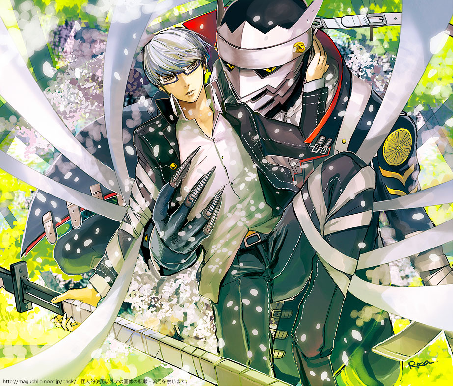 maguchimo, izanagi (persona 4), narukami yu, atlus, persona, persona 4, silver hair, bad id, bad pixiv id, 1boy, carrying, glasses, male focus, school uniform, sword, weapon
