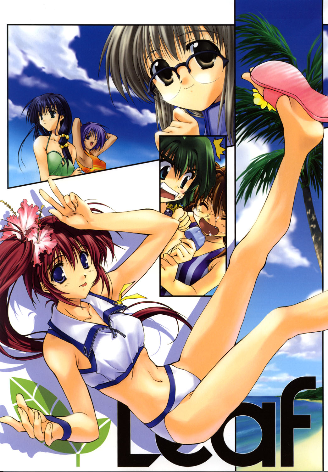 amazuyu tatsuki, mitsumi misato, haga reiko, hasebe aya, inagawa yuu, makimura minami, oba eimi, ooba eimi, takase mizuki, comic party, highres, 00s, 6+girls, :p, armpits, beach, belly, bikini, day, feet, flip-flops, flower, glasses, hibiscus, leg up, multiple girls, navel, outdoors, sandals, swimsuit, tongue, tongue out