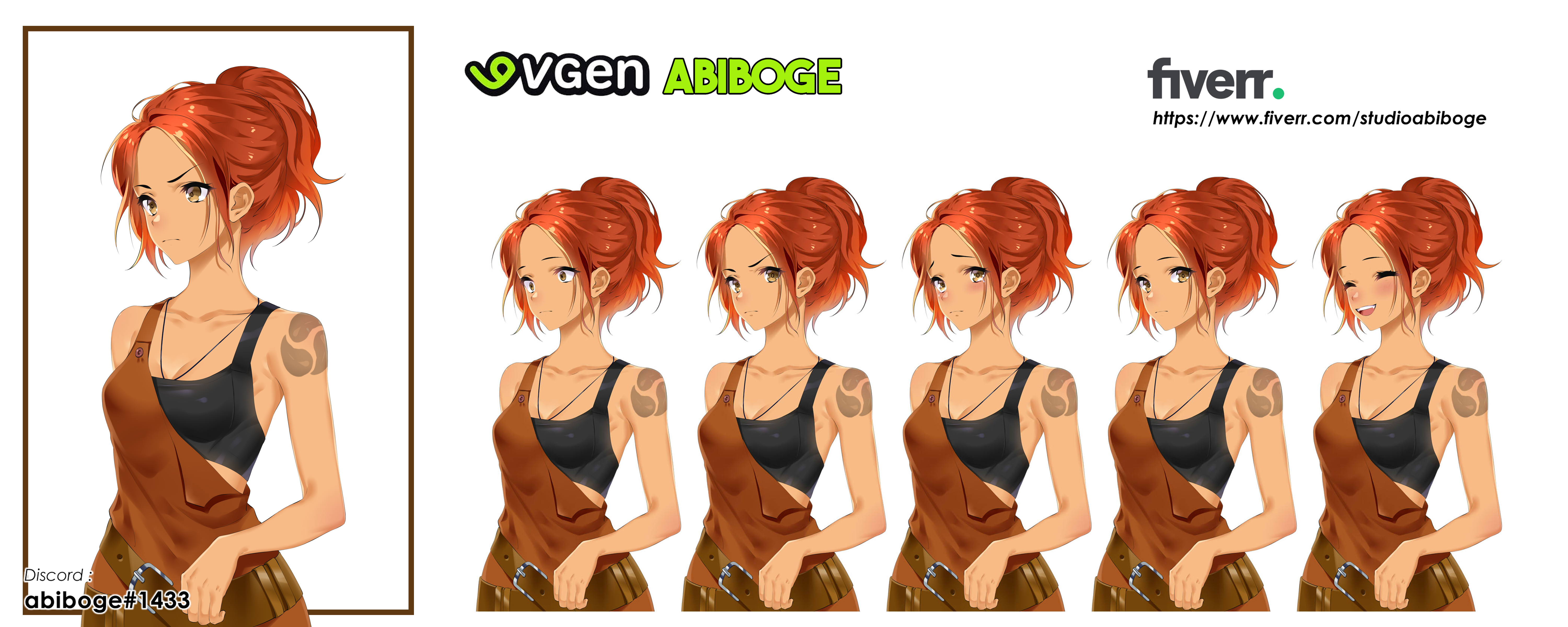 katarina claes, original, absurdres, commentary, commentary request, english commentary, highres, 1girl, ano amesuke, belt, black sports bra, breasts, brown belt, brown eyes, brown overalls, closed eyes, constricted pupils, frown, jewelry, medium breasts, multiple expressions, necklace, ooarai school uniform, orange hair, overalls, raised eyebrows, school uniform, serious, short hair, single strap, smile, sports bra, tears, v-shaped eyebrows, watermark, web address