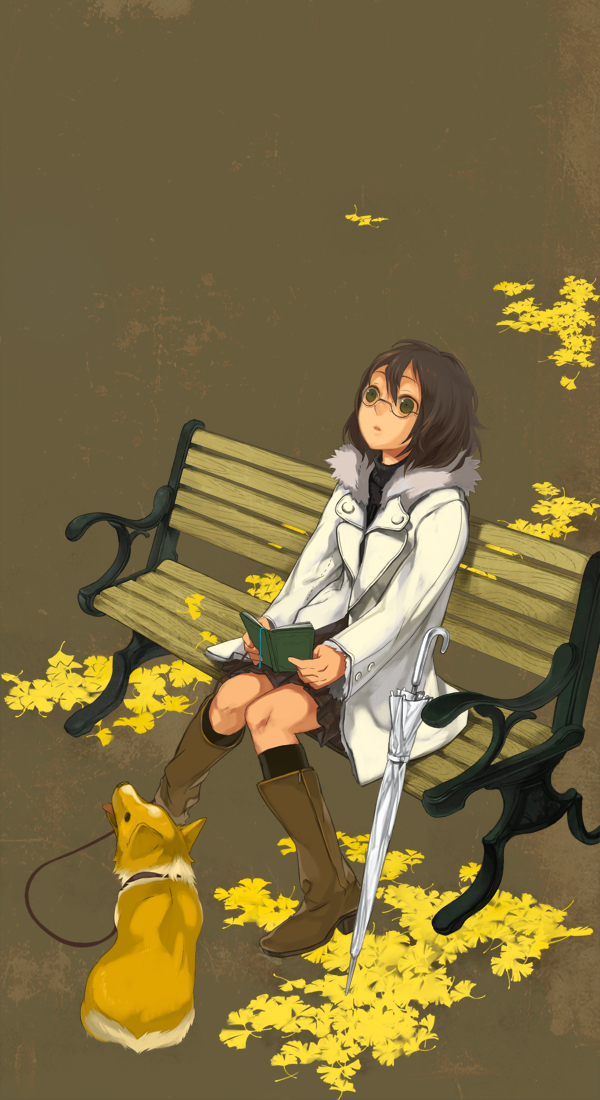 jimu kaji, kajimiya (kaji), original, bad id, bad pixiv id, 1girl, autumn, autumn leaves, bench, black socks, book, boots, brown background, brown boots, brown hair, closed umbrella, coat, dog, female focus, fur trim, ginkgo leaf, ginkgo tree, glasses, green eyes, knee boots, kneehighs, knees together feet apart, leaf, leash, looking up, miniskirt, pleated skirt, short hair, sitting, skirt, socks, solo, umbrella, welsh corgi