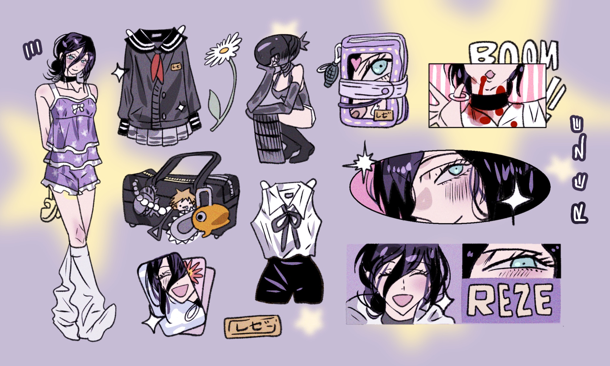 bomb devil (chainsaw man), denji (chainsaw man), pochita (chainsaw man), reze (chainsaw man), chainsaw man, highres, 1girl, apron, bag charm, black apron, black cardigan, black ribbon, blood, blood on face, busuttt, cardigan, character charm, charm (object), dynamite, explosive, green eyes, grenade pin, hair between eyes, multiple views, pajamas, purple hair, purple pajamas, purple shorts, ribbon, shirt, shorts, sleeveless, sleeveless shirt, white shirt