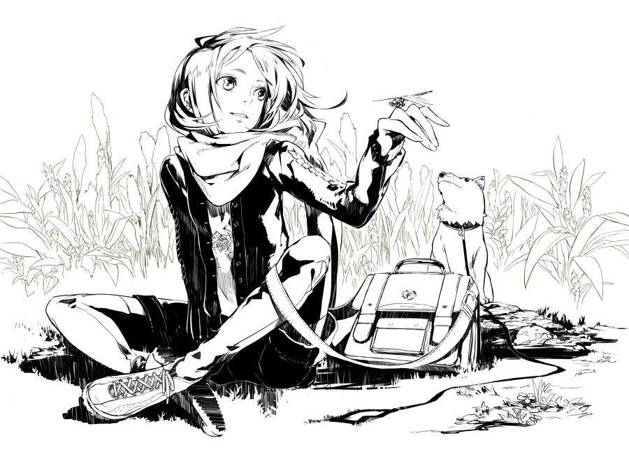 jimu kaji, kajimiya (kaji), original, 1girl, bag, bug, dog, dragonfly, female focus, greyscale, insect, leash, monochrome, nature, scarf, shorts, sitting, solo