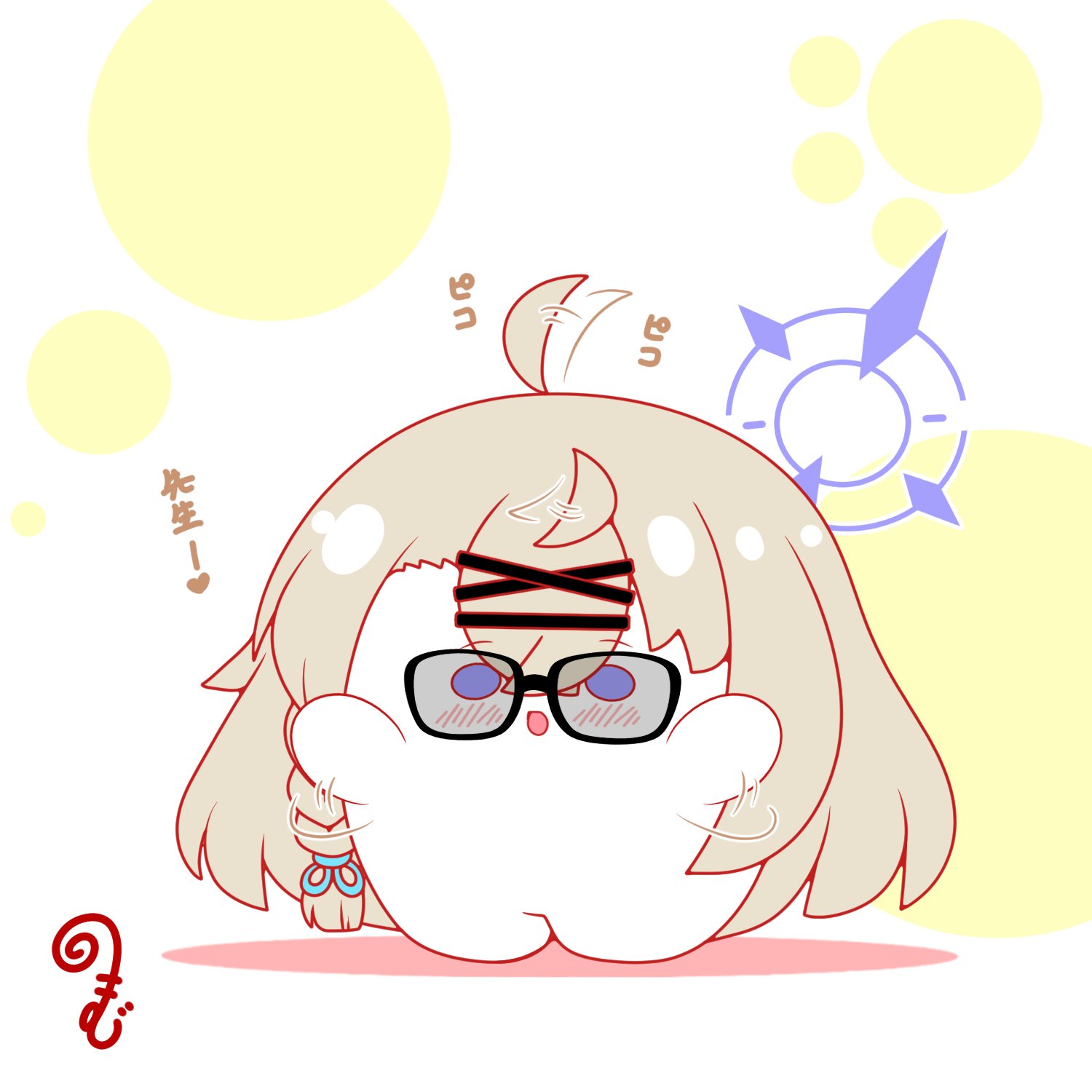 kurukurumagical, kotama (blue archive), blue archive, highres, translation request, :d, afterimage, ahoge, ahoge wag, black-framed eyewear, blue eyes, blush, braid, brown hair, chibi, colored shadow, expressive hair, full body, hair between eyes, hair ornament, hairclip, halo, hands up, long hair, looking at viewer, open mouth, shadow, smile, solo, standing, very long hair, white background, x hair ornament