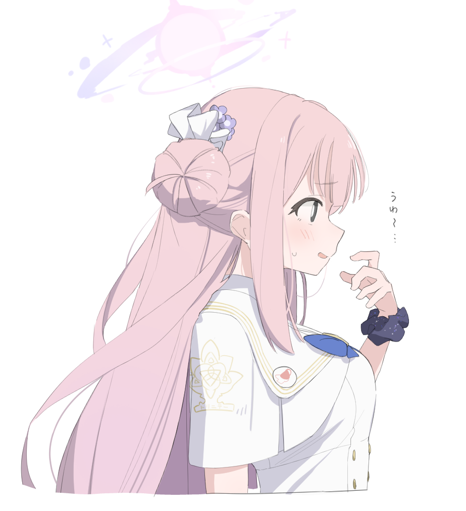 tntl nemui, mika (blue archive), blue archive, commentary, translated, 1girl, black scrunchie, blush, breasts, capelet, dress, flower, from side, gradient halo, hair bun, hair flower, hair ornament, halo, long hair, medium breasts, multicolored halo, open mouth, pink hair, pink halo, profile, scrunchie, sidelocks, simple background, single side bun, solo, standing, upper body, white background, white capelet, white dress, wrist scrunchie