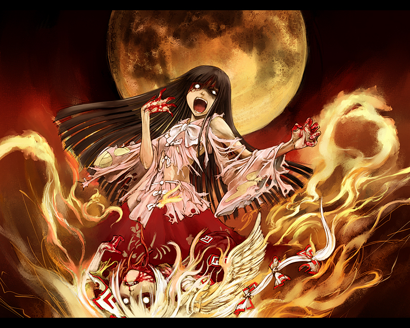 cervus, fujiwara no mokou, houraisan kaguya, touhou, 2girls, blood, brown hair, crazy, crazy eyes, death, female focus, fire, hair ribbon, long hair, moon, multiple girls, ribbon, torn clothes, white hair, wings