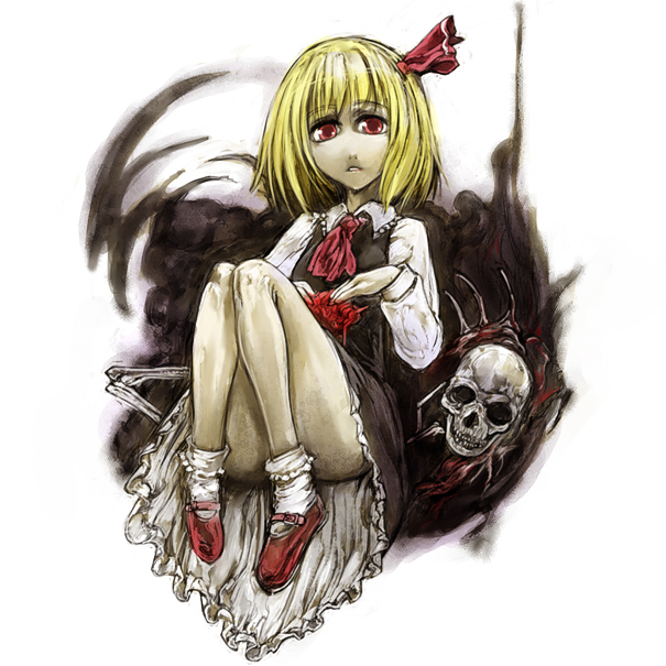 cervus, rumia, embodiment of scarlet devil, touhou, 1girl, blonde hair, darkness, female focus, full body, hair ribbon, red eyes, ribbon, short hair, sitting, skull, solo