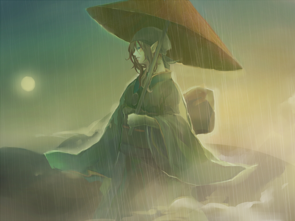 ikisuka, kusuriuri (mononoke), mononoke, 00s, 1boy, bandana, blue eyes, facepaint, japanese clothes, kimono, makeup, male focus, obi, oil-paper umbrella, pointy ears, rain, sash, solo, sun, umbrella