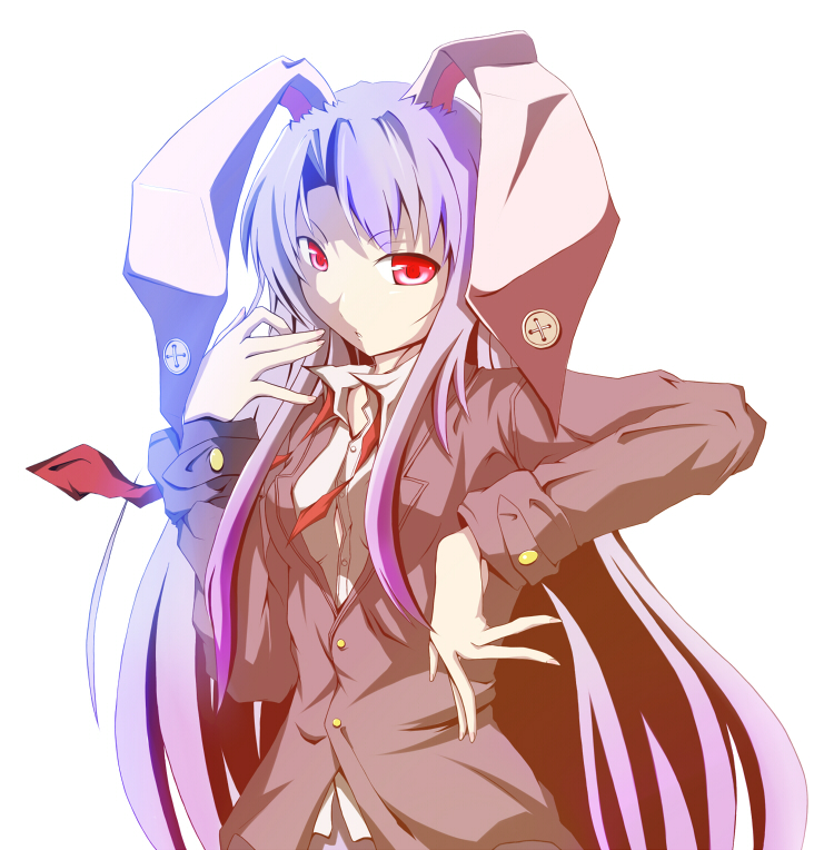jimo, reisen udongein inaba, touhou, bad id, bad pixiv id, 1girl, animal ears, blazer, buttons, female focus, fighting stance, jacket, long hair, necktie, rabbit ears, red eyes, red necktie, solo