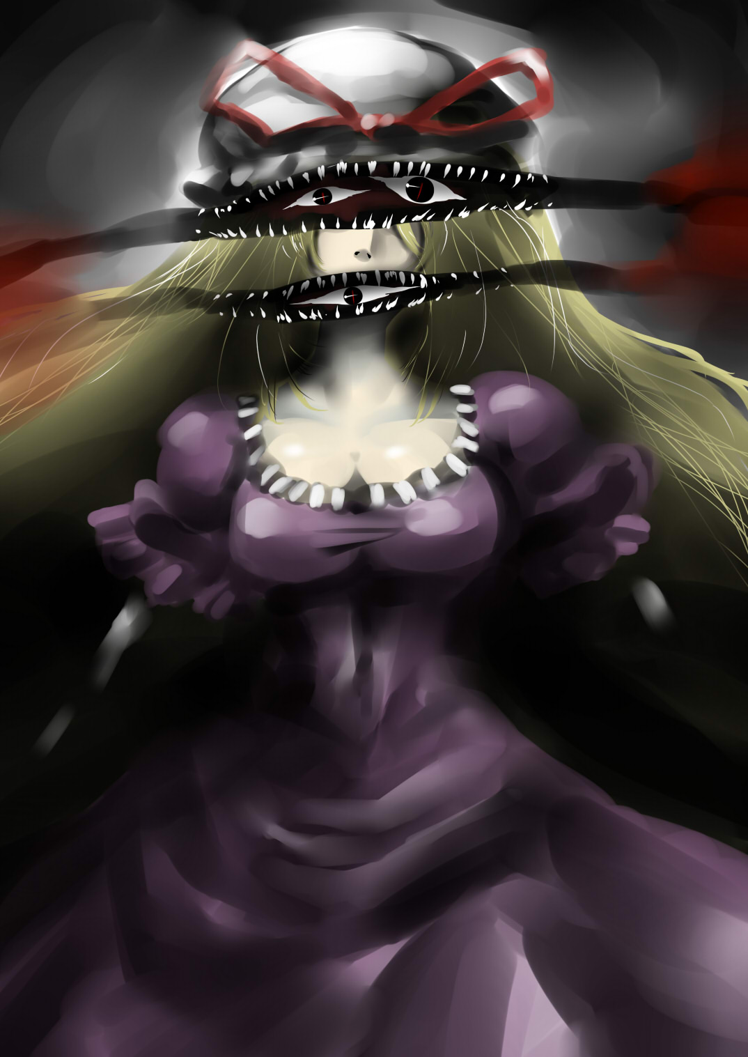 tukiwani, yakumo yukari, touhou, highres, 1girl, blonde hair, breasts, dress, female focus, gap (touhou), gradient background, hat, solo, teeth