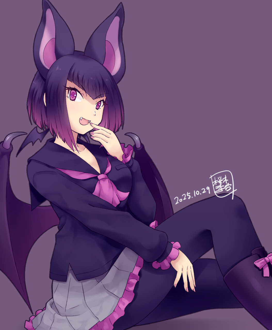sakuragi rian, common vampire bat (kemono friends), kemono friends, highres, 1girl, animal ears, bat ears, bat girl, bat wings, black boots, black hair, black pantyhose, black shirt, boots, extra ears, fangs, finger to mouth, frilled skirt, frilled sleeves, frills, gradient hair, grey skirt, hair between eyes, long sleeves, looking at viewer, multicolored hair, neckerchief, open mouth, pantyhose, pleated skirt, puffy sleeves, purple background, purple eyes, purple hair, purple neckerchief, sailor collar, shirt, sidelocks, sitting, skirt, smile, solo, wings