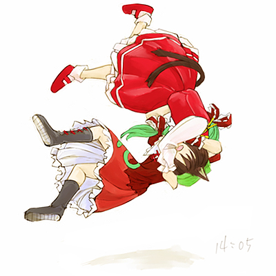 cervus, chen, kagiyama hina, touhou, lowres, 2girls, animal ears, boots, brown hair, cat ears, cat girl, cat tail, female focus, green hair, hat, multiple girls, multiple tails, skirt, suplex, tail, white background, wrestling